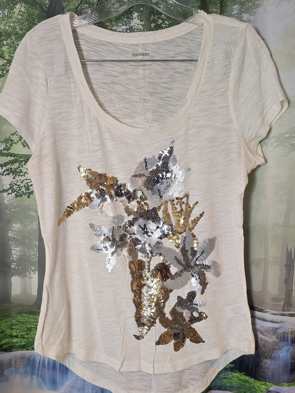Express Cream Short-Sleeve Tee with Gold & Silver Sequin Floral Design